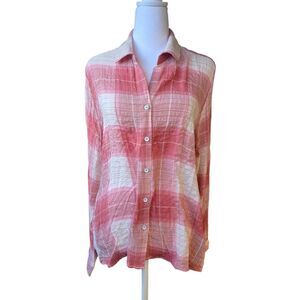 North River Outfitters Women's Size Medium Pink/White Plaid Button Down Shirt
